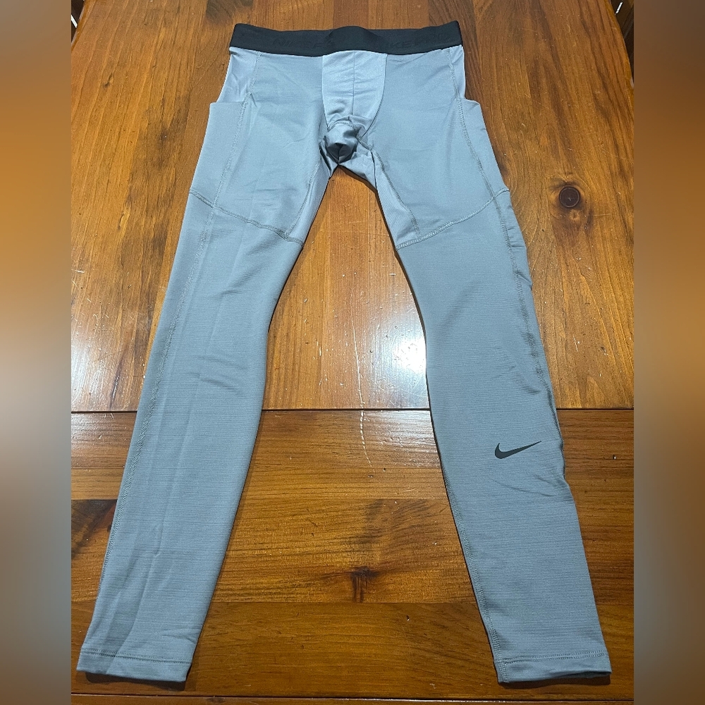 NWT‎ NIKE PRO Mens Grey Black Comfy Dri-fit Tight Fit Pocket Leggings Size Large